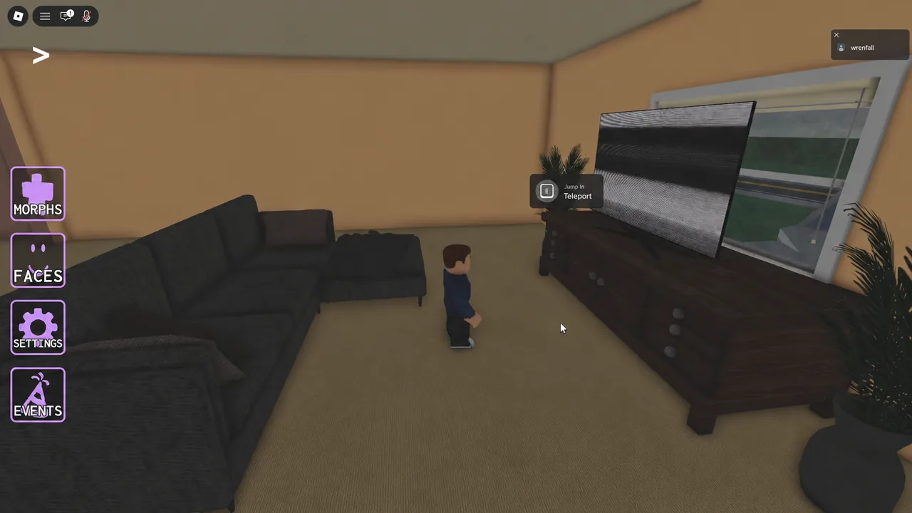 Jump In teleport prompt appearing next to the television screen inside the room