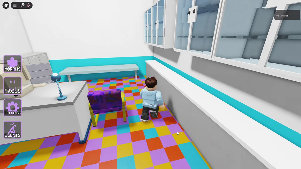 Left-side menu showing MORPHS, FACES, SETTINGS and EVENTS buttons during gameplay