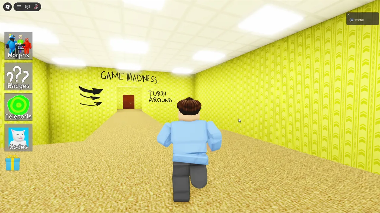 Game Madness corridor with wall arrows pointing to a doorway and a TURN AROUND prompt on screen