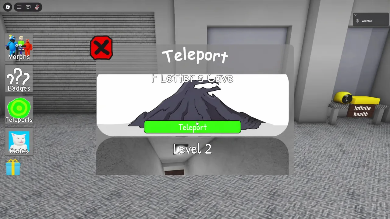 Teleport menu with a destination row highlighted and the green Teleport button ready to be pressed