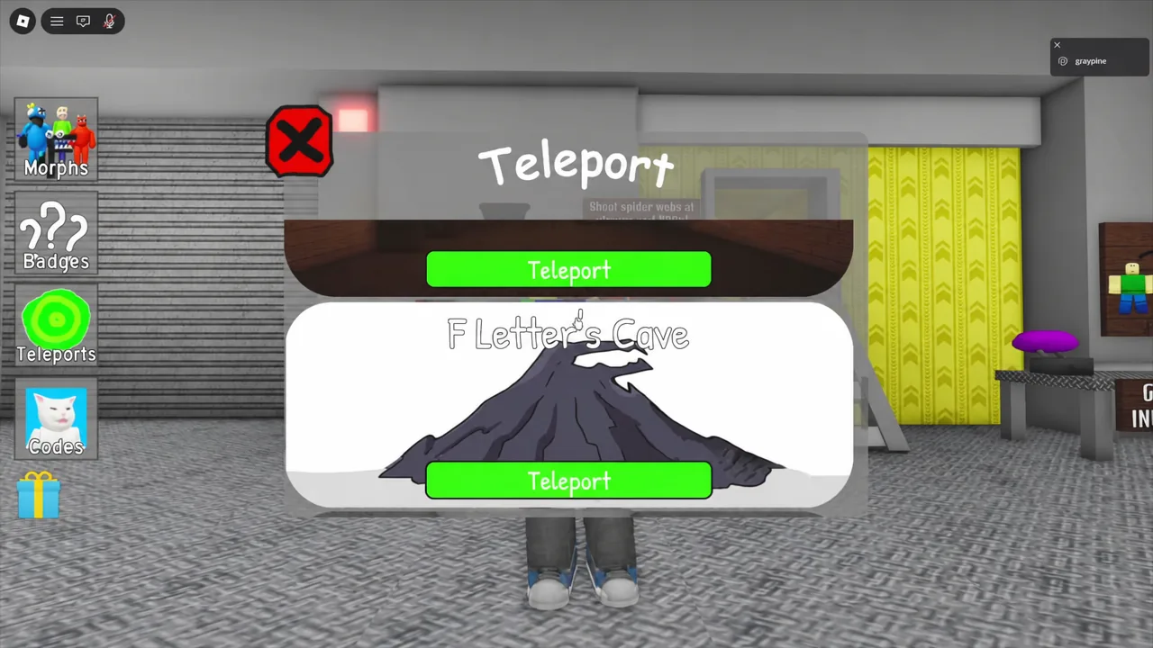 The in-game Teleport menu open with a destination selected and the green Teleport button beneath it