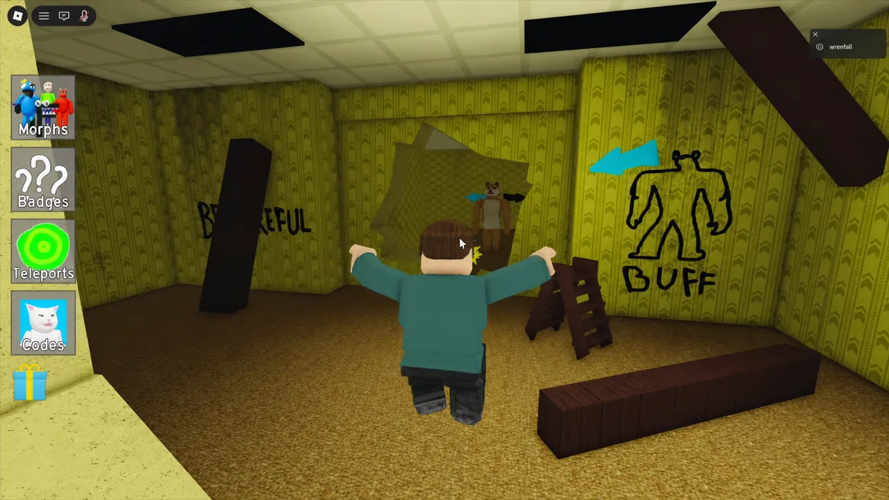 Player walking through the broken wall in Destroyed Backrooms toward the teal creature morph on the floor