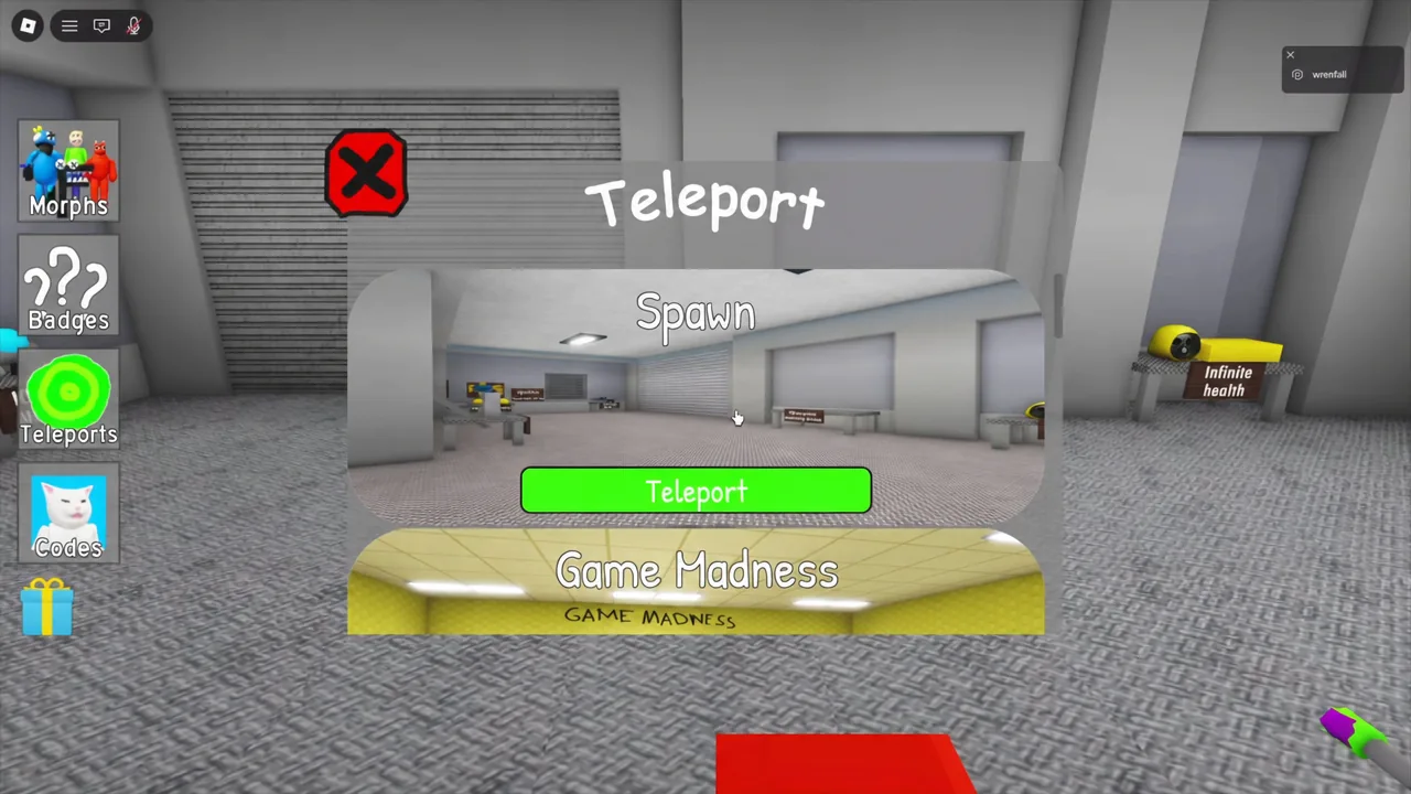 Teleport menu open with Spawn selected and the green Teleport button below it