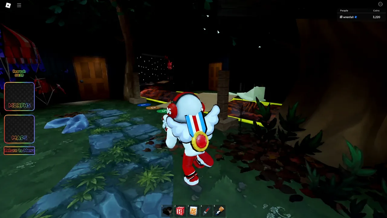 Avatar exploring a dark interior section of the map with the Morphs and Maps buttons visible