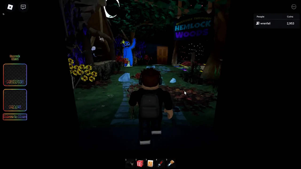 Player character approaching the Hemlock Woods entrance with the Morphs and Maps buttons on screen