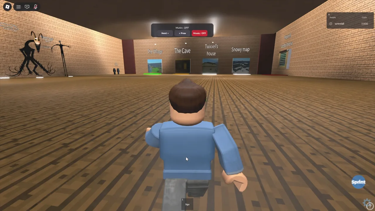 Map selection lobby with the music overlay showing the red Music: OFF button