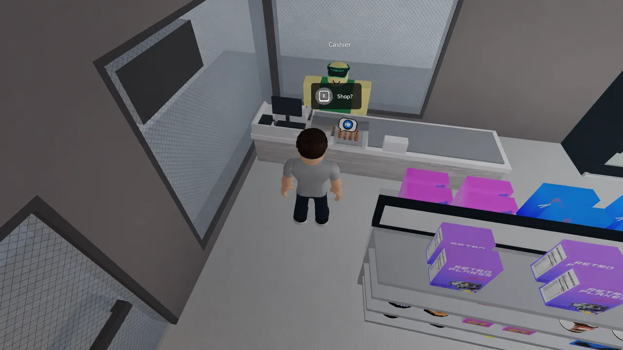 The E Shop? prompt highlighted at the cashier counter before opening the menu