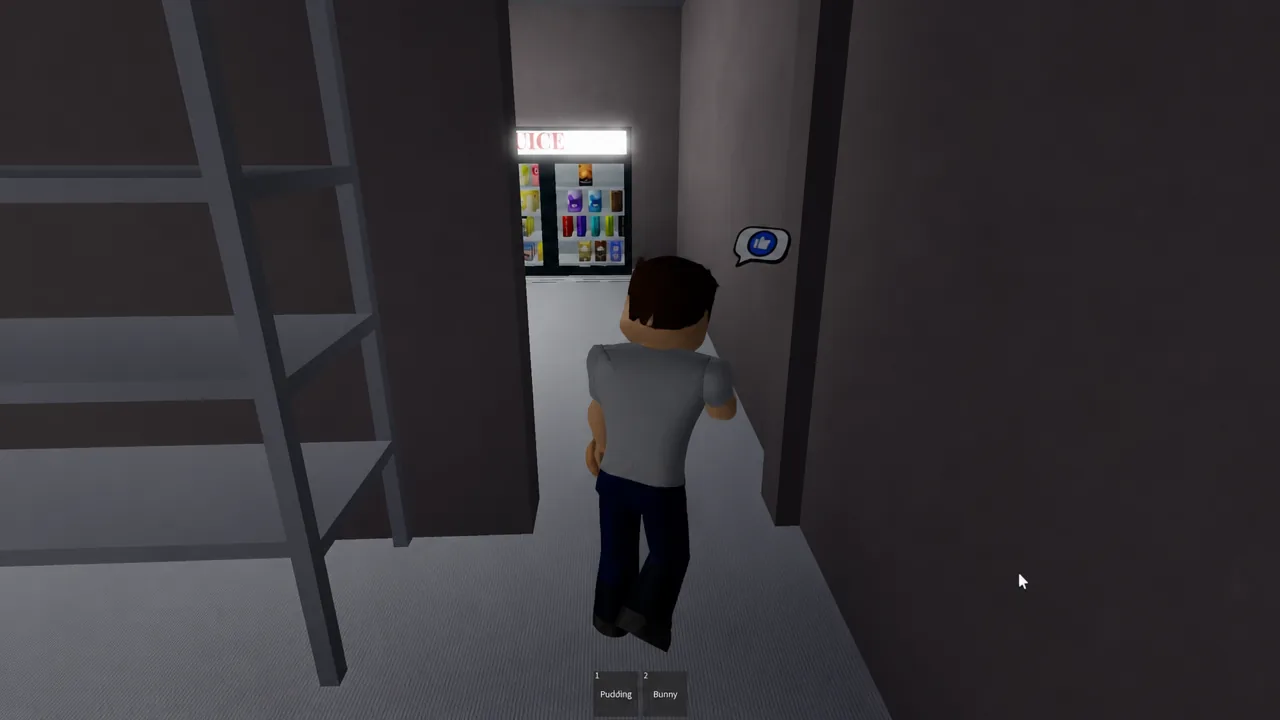 Avatar approaching the JUICE machine inside the snowy convenience store