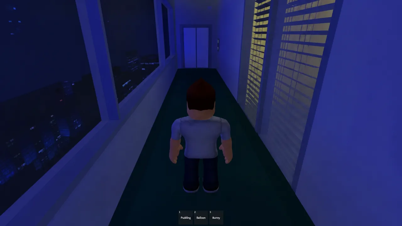 Player walking down a dark corridor toward elevator doors with the hotbar visible