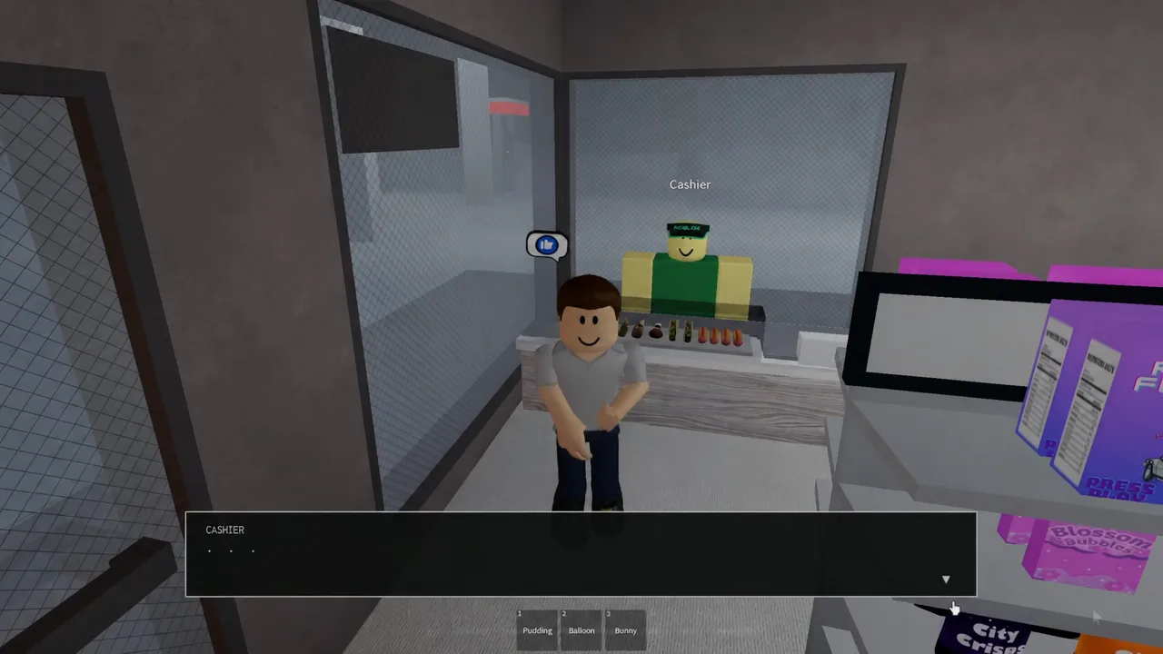 Cashier dialogue panel open with a continue arrow at the store counter