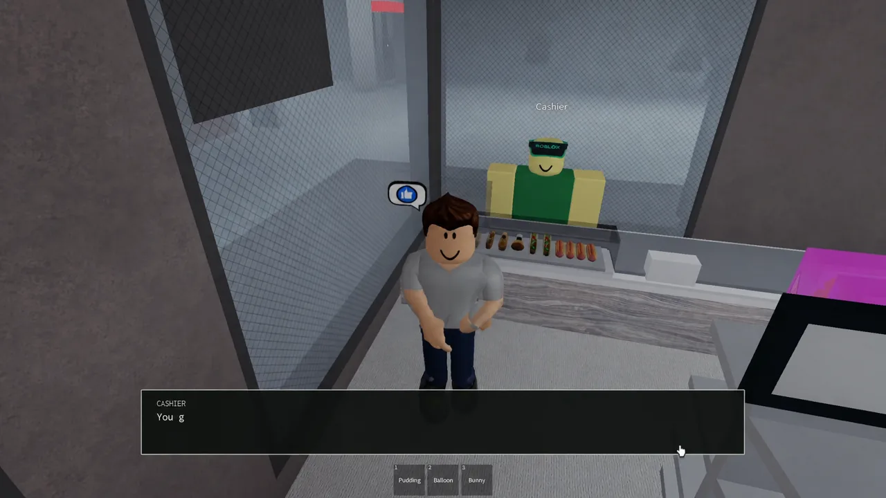 Cashier dialogue box displaying a message inside the convenience store