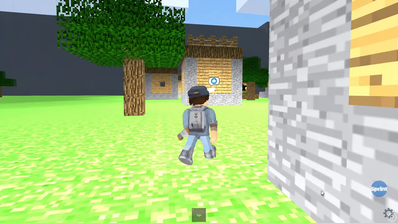 Avatar approaching a marked village house with the Sign item highlighted on the toolbar