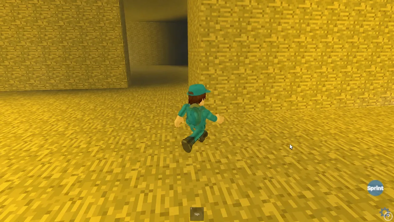 Avatar sprinting down a narrow maze corridor with the Sprint button on screen