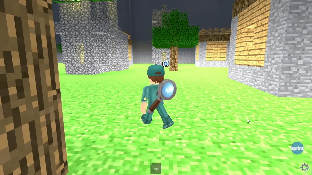 Player moving through the village houses with the Sign item equipped in the hotbar