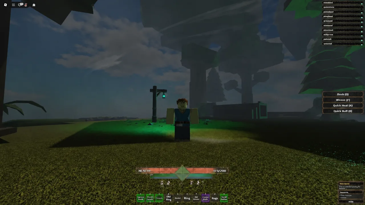 On-screen ability list showing Dash on Q, Weave on F, Quick Heal on 4, and Quick Buff on B