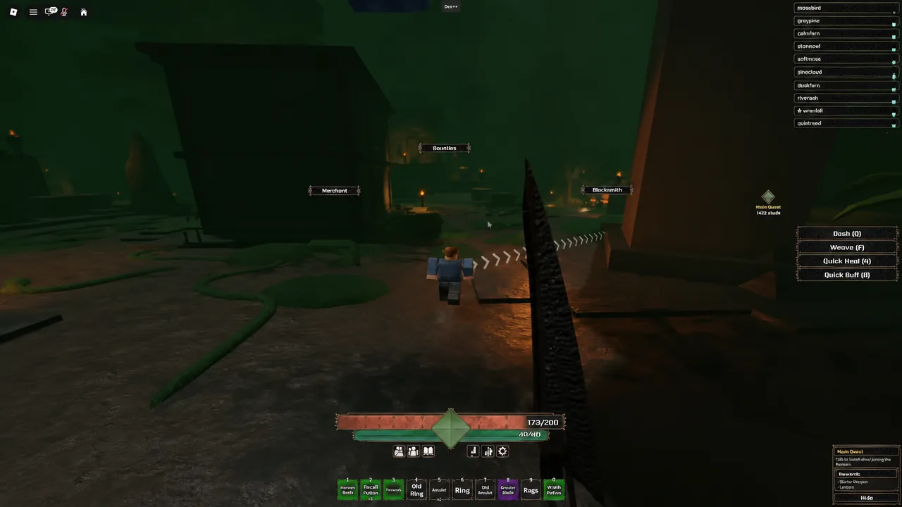 Waypoint arrows on the ground pointing toward the Bounties and Blacksmith markers in The Veil