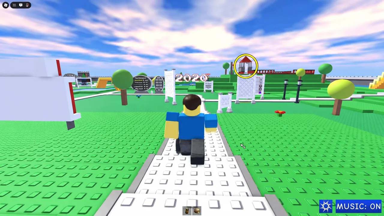 Roblox avatar walking toward a tower highlighted by a yellow circle inside the anniversary event area