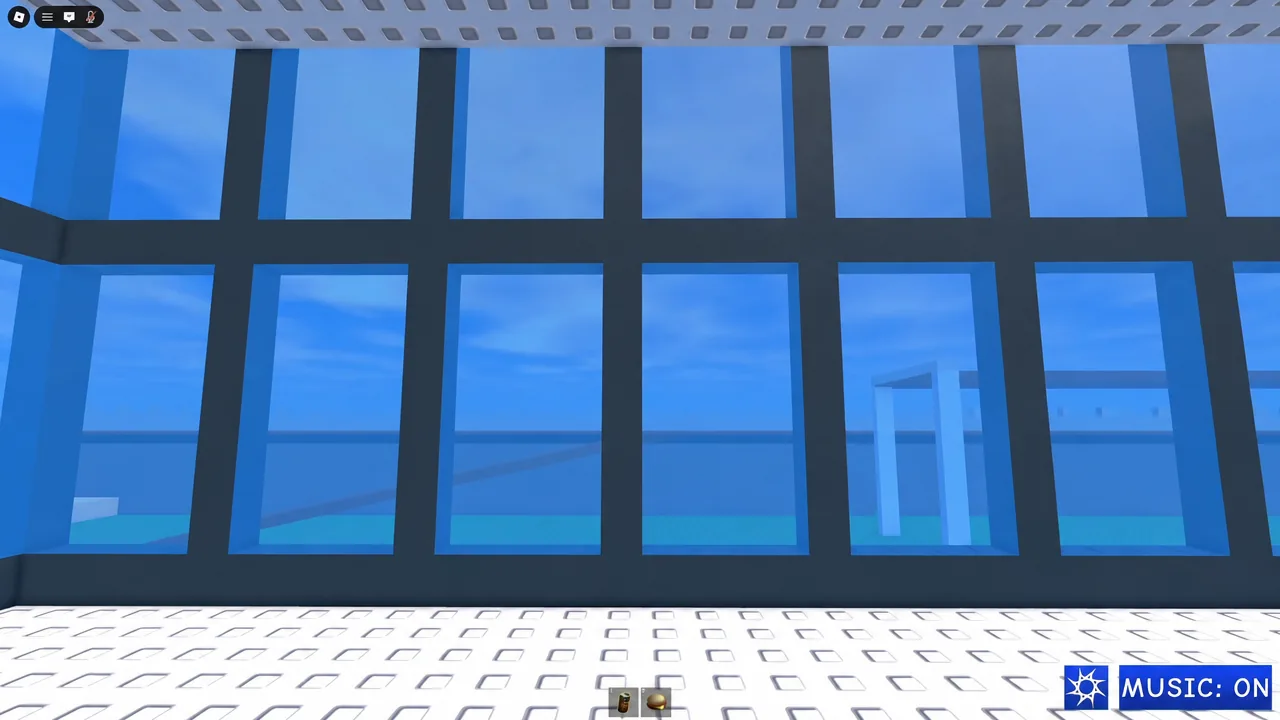 Blue-windowed interior room in a Roblox anniversary event place