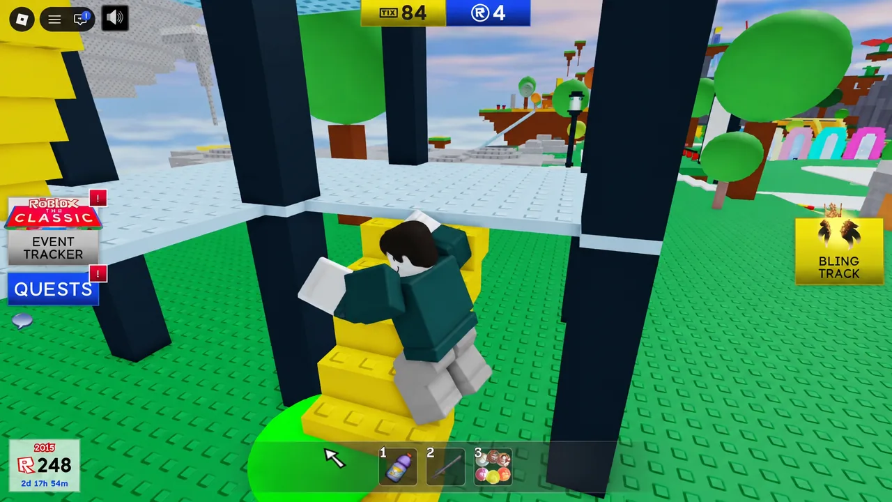 Avatar climbing yellow steps in the hub with the Quests button highlighted