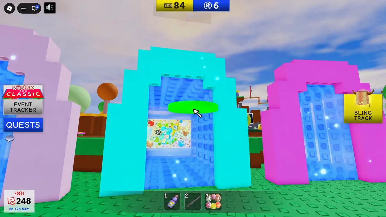 Green oval interaction button highlighted on a cyan building in the event hub