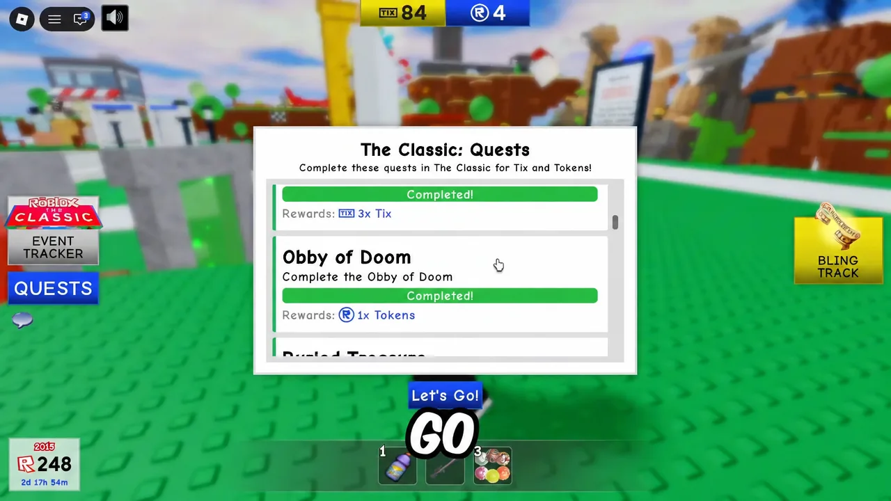 In-game quest menu separating badge rewards from hub currency rewards