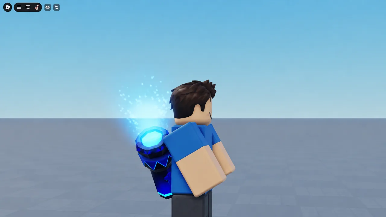 Roblox avatar in-game wearing a glowing blue backpack accessory