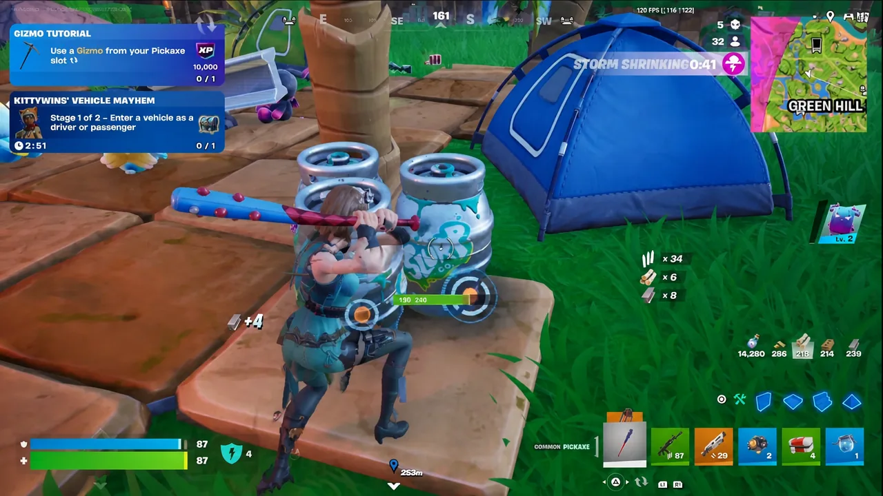 Player swinging a pickaxe at Slurp barrels with the Gizmo Tutorial objective active