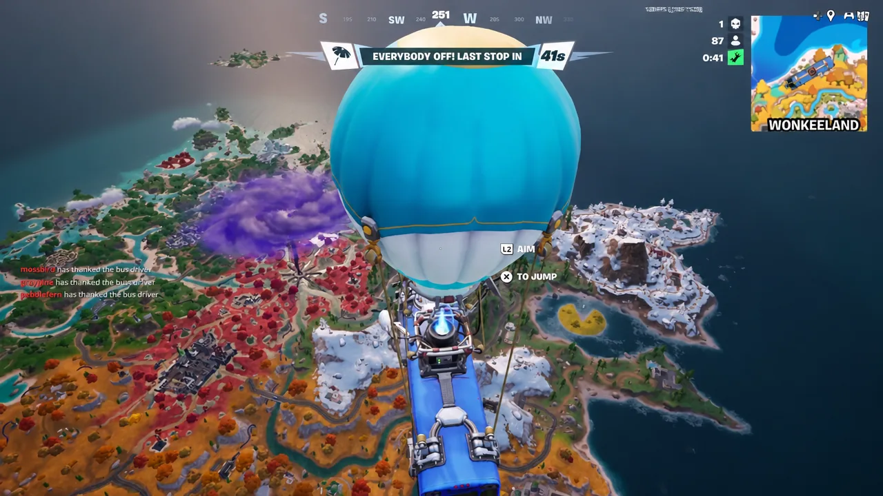 Battle Bus view with the X to jump prompt highlighted before the final stop