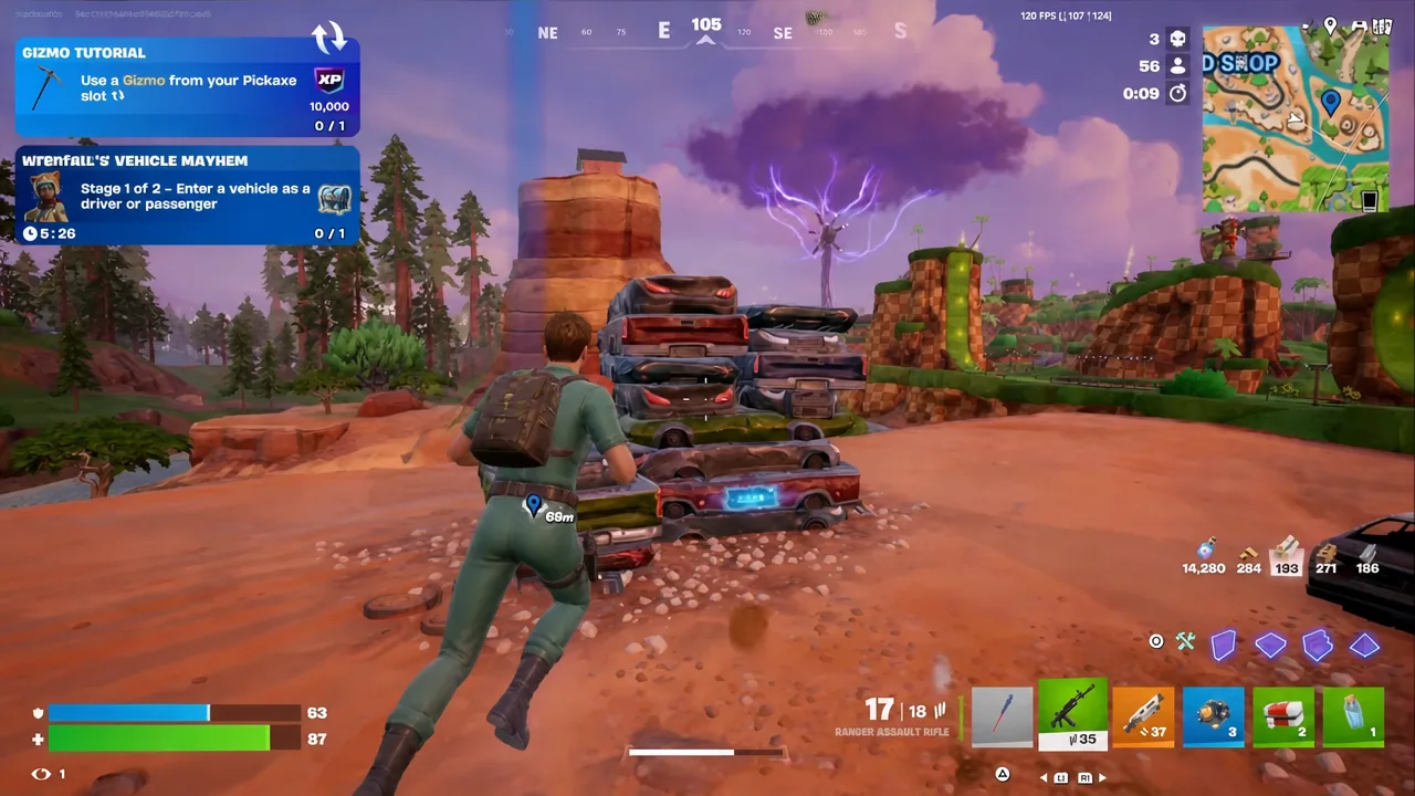 Player moving toward a stack of vehicles that houses a Sprite input machine