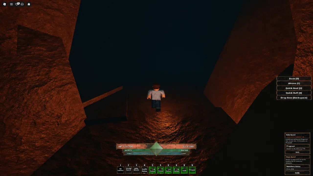 Potion slot highlighted on the hotbar while moving through a dark cave in The Veil