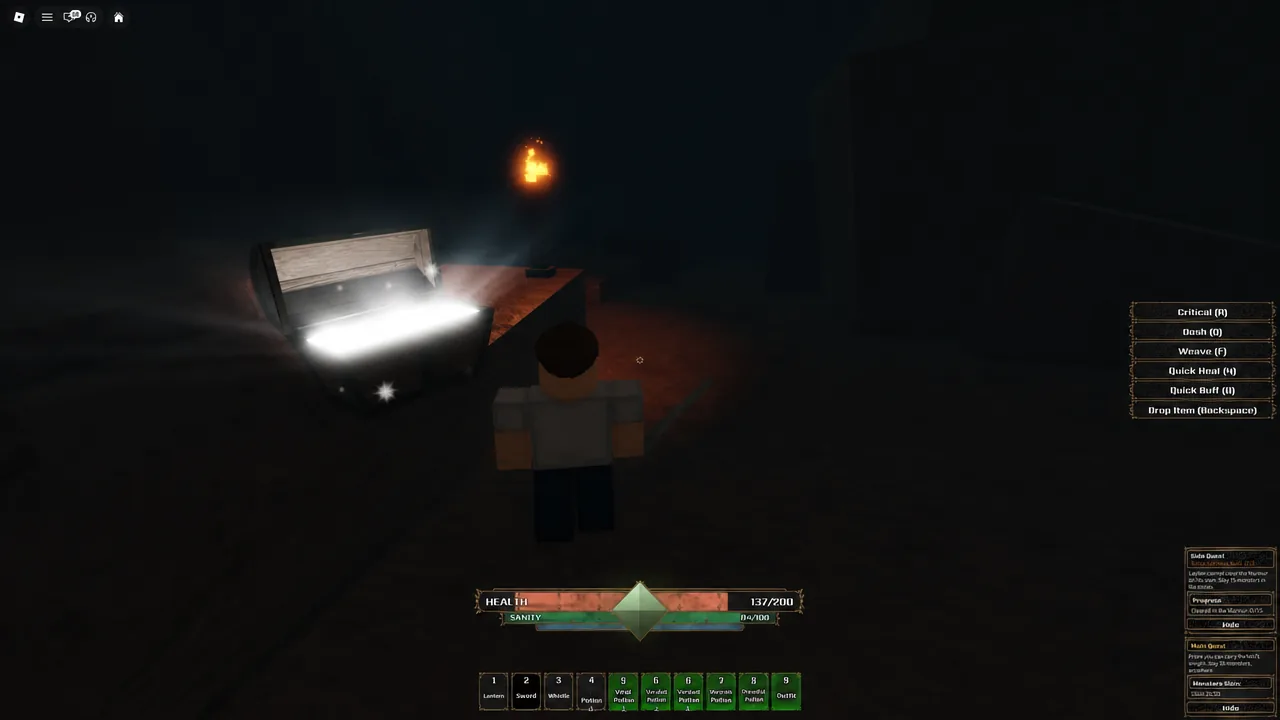 Player standing in front of an open glowing chest in The Veil with sanity and hotbar visible