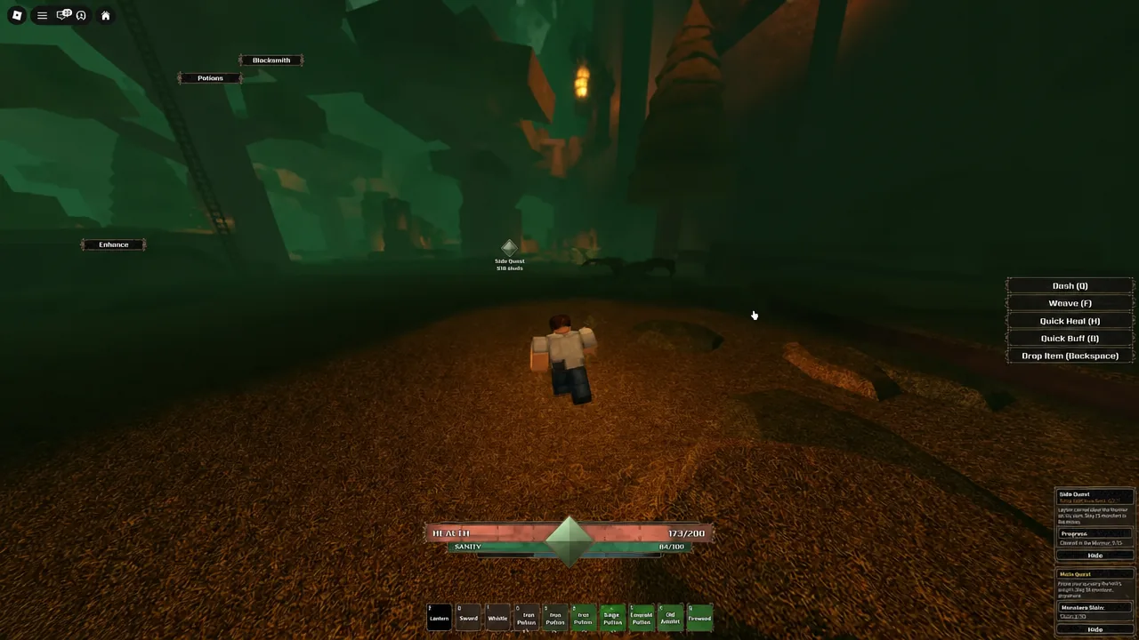Player character running toward a Side Quest marker in The Veil with the health and stamina HUD on screen