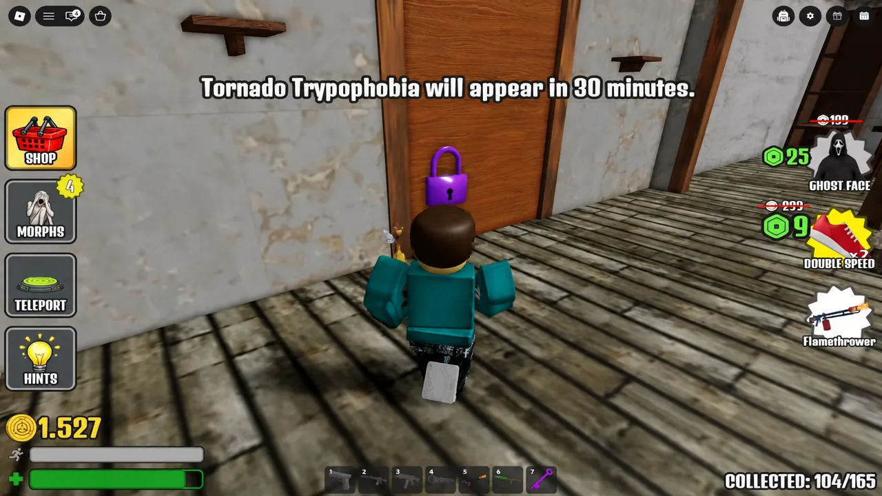 Player facing a wooden door in Granny's house marked with a purple padlock