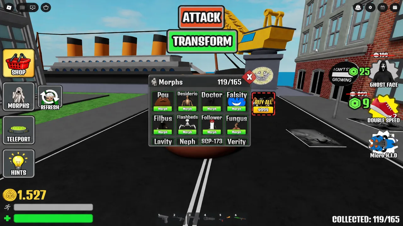 Morphs menu open showing unlocked character morph buttons and the collected counter