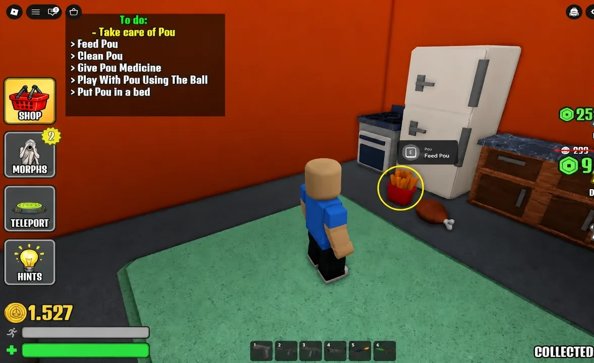 Fries item highlighted with the E Feed Pou prompt on screen during the care tasks