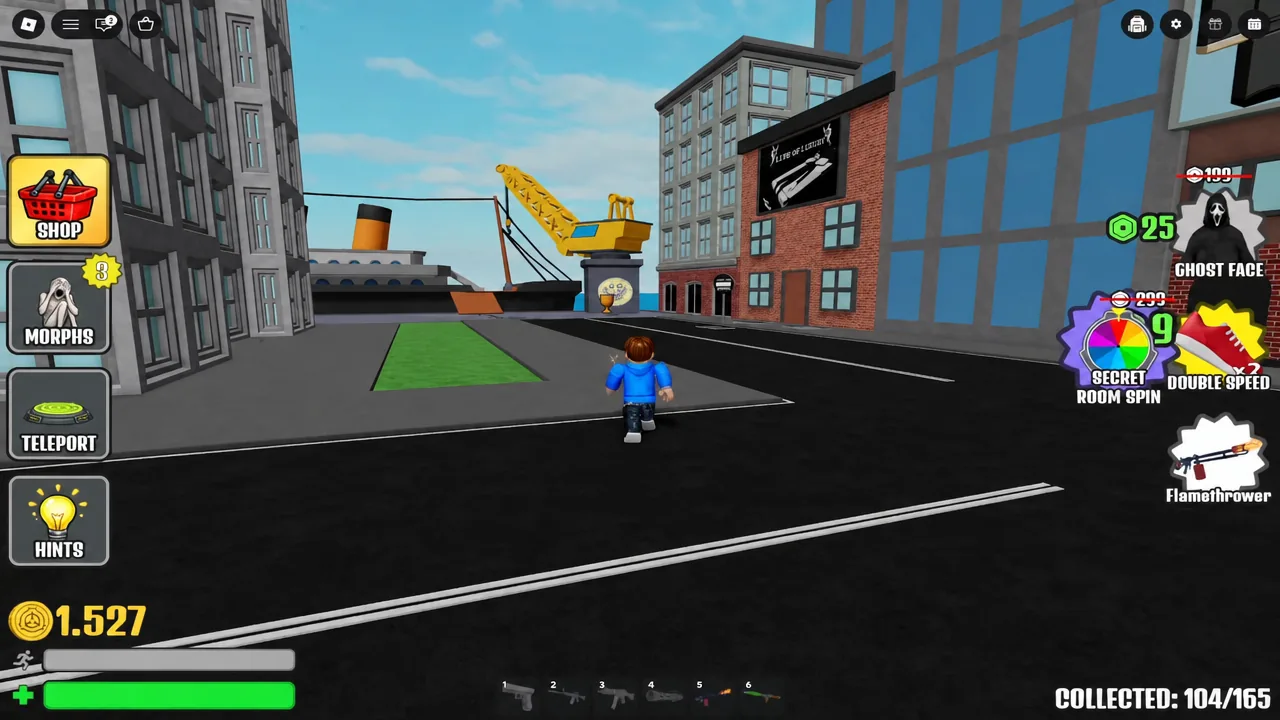Player running through the city street after teleporting, with the Shop button on the left