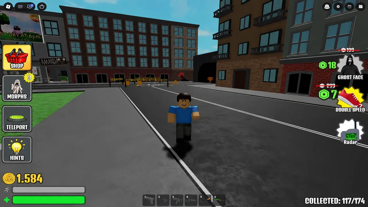 Avatar running along the city street with the Shop button visible on screen