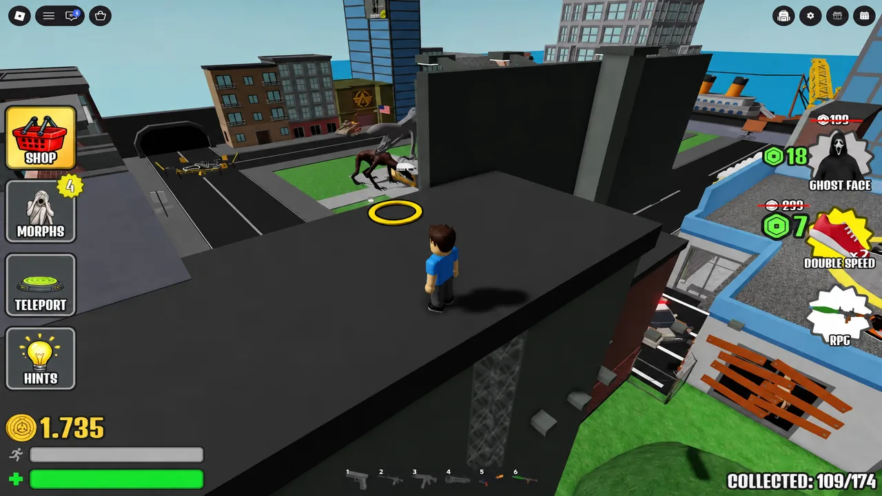 Character walking toward a glowing yellow collectible marker on a rooftop