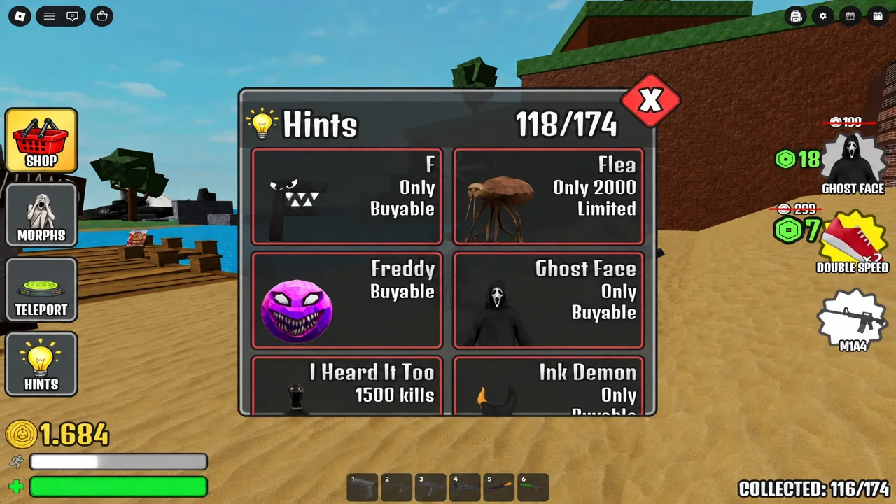 Hints menu open showing collectible entries and a 118 of 174 progress counter
