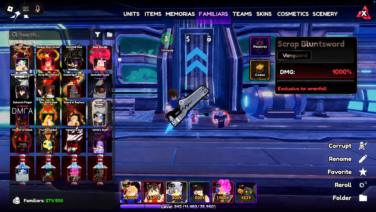 Anime Vanguards inventory showing the new Vanguard Familiars and their exclusive unit tags