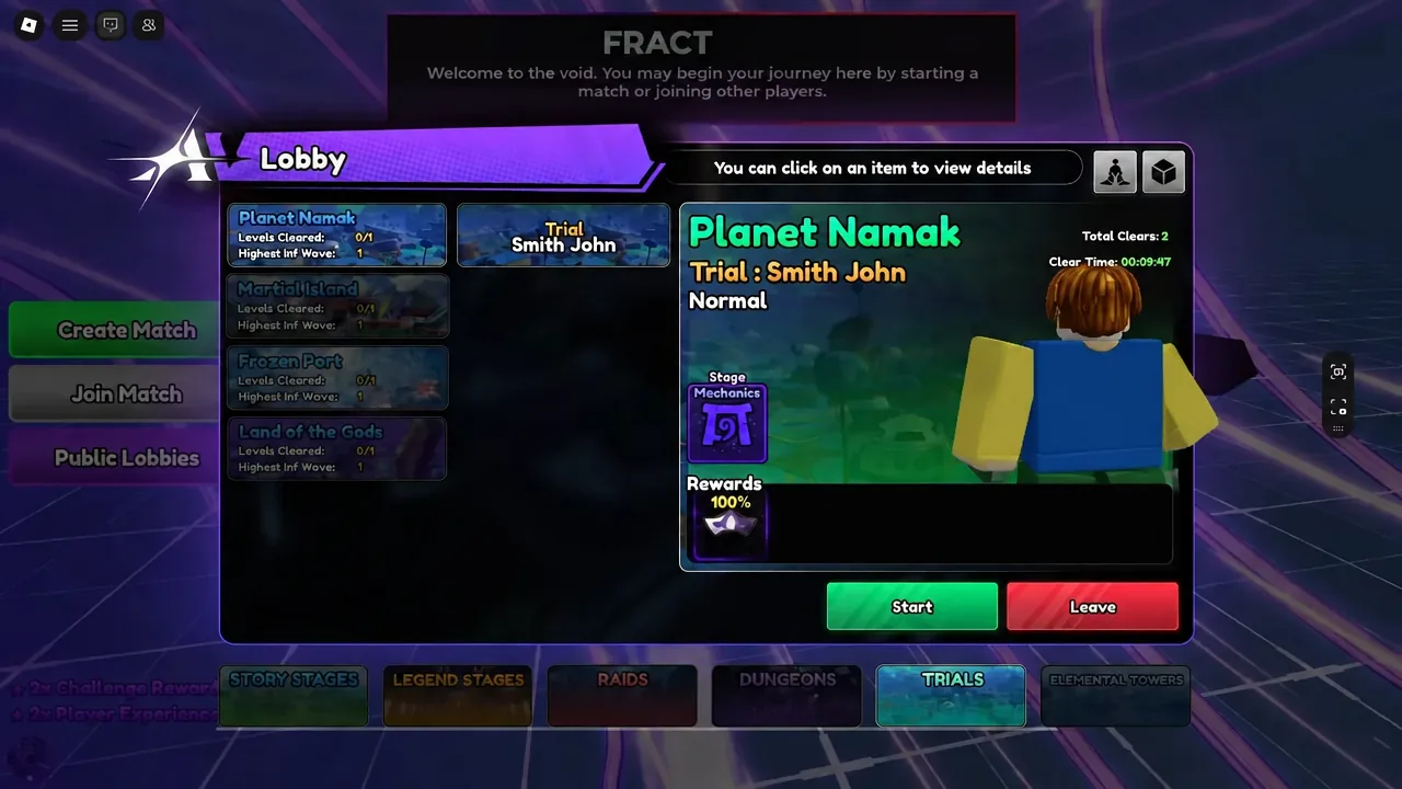 Anime Vanguards Trials menu with a unit trial selected and the start option visible