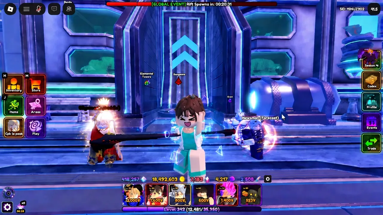 Anime Vanguards main lobby with the player avatar walking toward the central event area