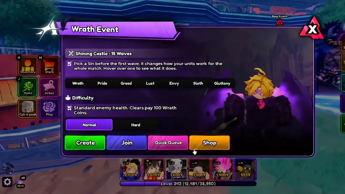 The Wrath Event menu open in Anime Vanguards with the event entry and shop options