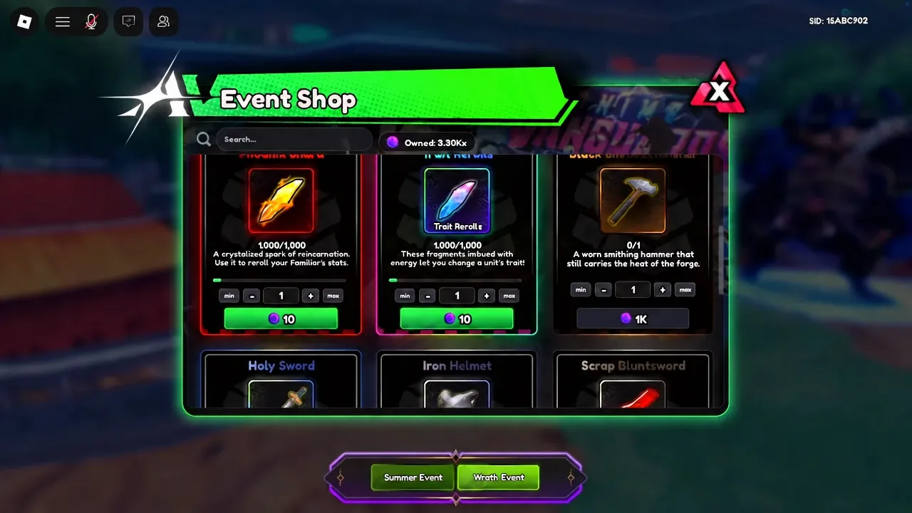 Wrath Event Shop stock in Anime Vanguards showing familiar prices and the owned coin counter