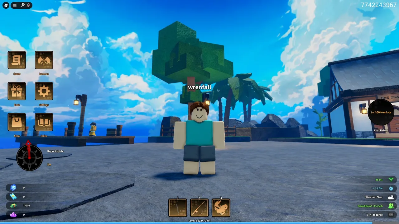The Taoist Merchant NPC standing on an island in Heavyweight Fishing, the vendor who sells the Taoist Orb