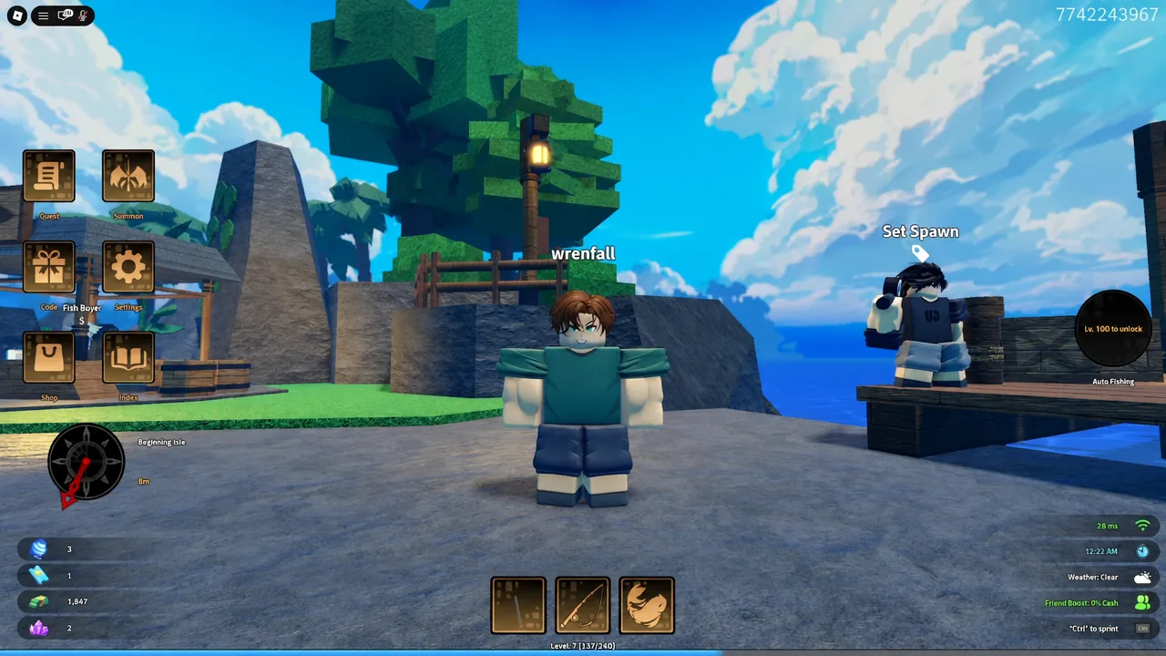 Player standing next to the Set Spawn NPC on an island in Heavyweight Fishing