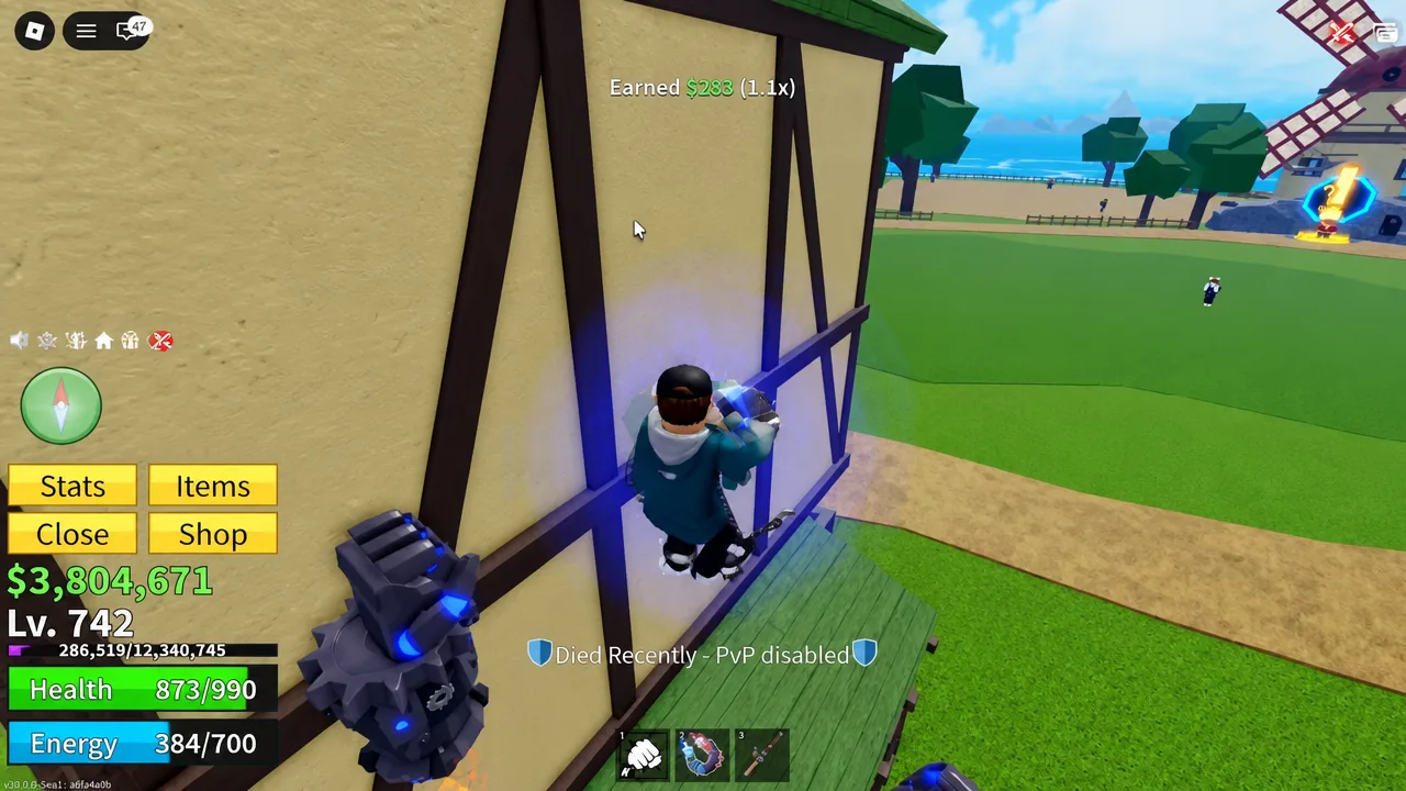 Player climbing beside a building with a glowing sword drawn