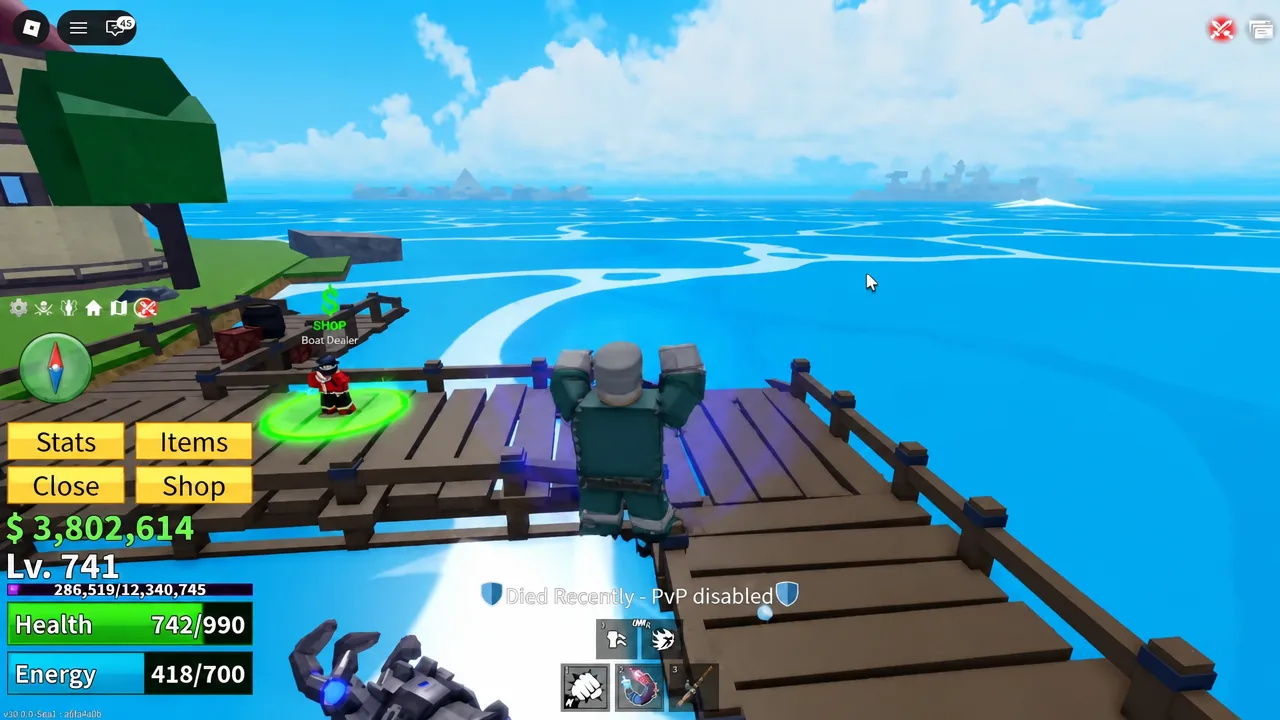 Reworked Sea 1 island in Blox Fruits with the Update 30 HUD visible