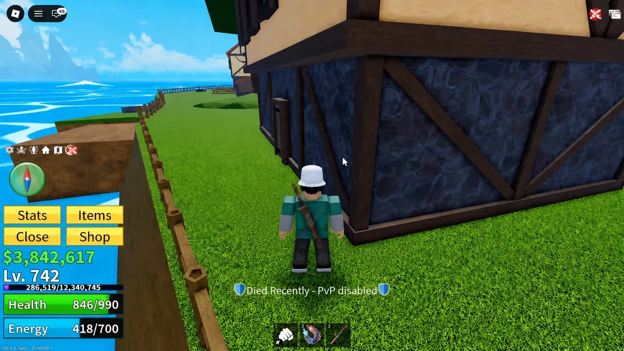 Blox Fruits gameplay after the Sea 1 rework with the player's level shown