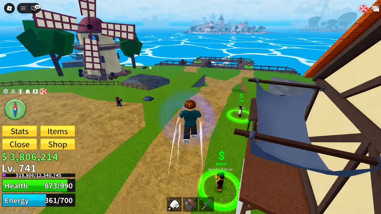 Player approaching the Blox Fruit Dealer with the Shop button on screen